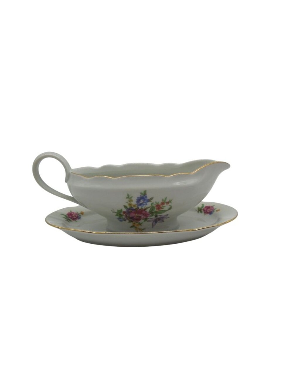 Vintage Genex Poland Gravy Boat Arrached Underplate Floral Gold Trim 8"